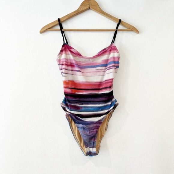 Nicole Olivier One Piece Swimsuit Size 10 Striped Pink Summer Beach Pool - Picture 1 of 8